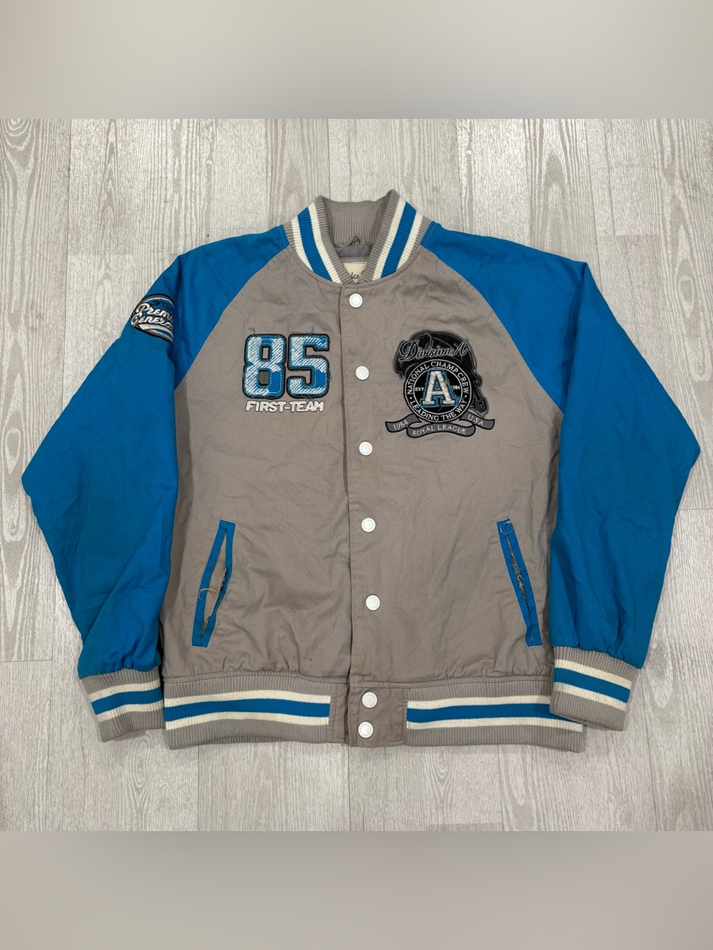 Smoke Rise Vintage Y2K Grey and Blue Men’s Varsity Bomber Jacket